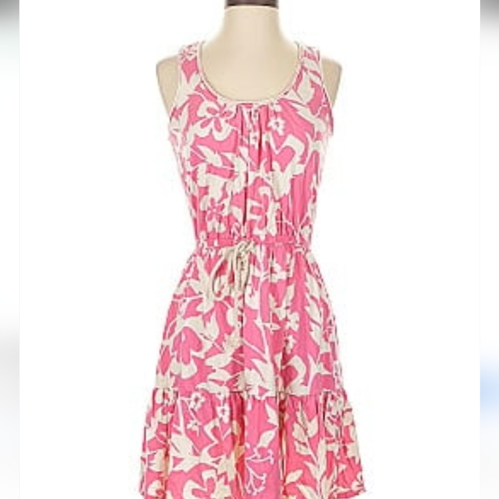 LOFT flower dress Pink and White. Draw string waist. Cotton.
